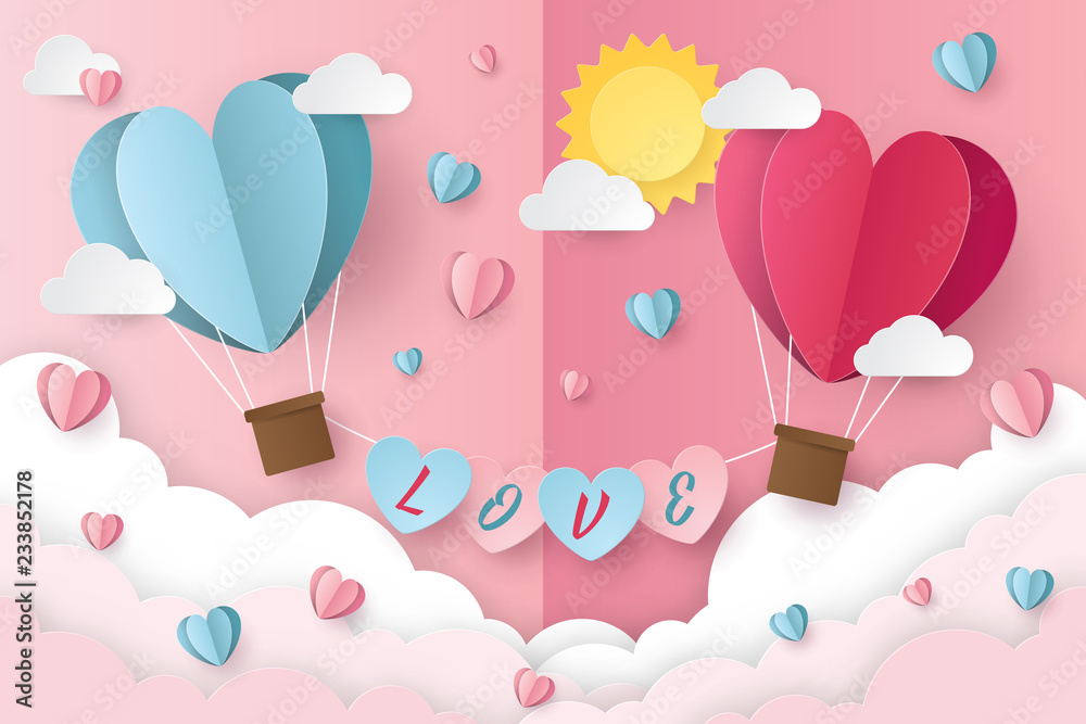 illustration of love and valentine day with balloon heart, sun and clouds. Paper cut style. Vector illustration