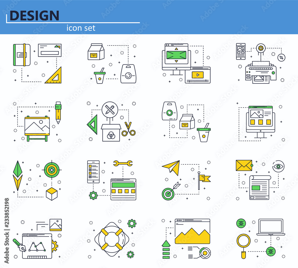 Fototapeta Vector set of computer, business, office and design icons in thin line style. Website UI and mobile web app icon. Outline design illustration.