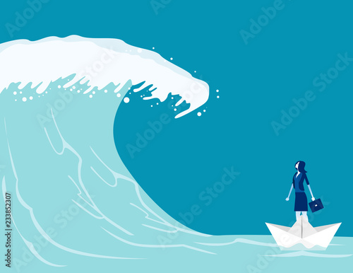 Businesswoman find barriers to success. Concept business vector illustration, Paper boat, Tsunami Wave, Challenge.