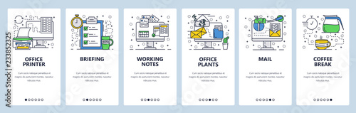 Vector web site linear art onboarding screens template. Office and business. Menu banners for website and mobile app development. Modern design flat illustration.