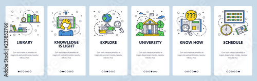 Vector web site linear art onboarding screens template. Education and knowledge. University college building, library, books. Menu banners for website and mobile app development. Modern design flat