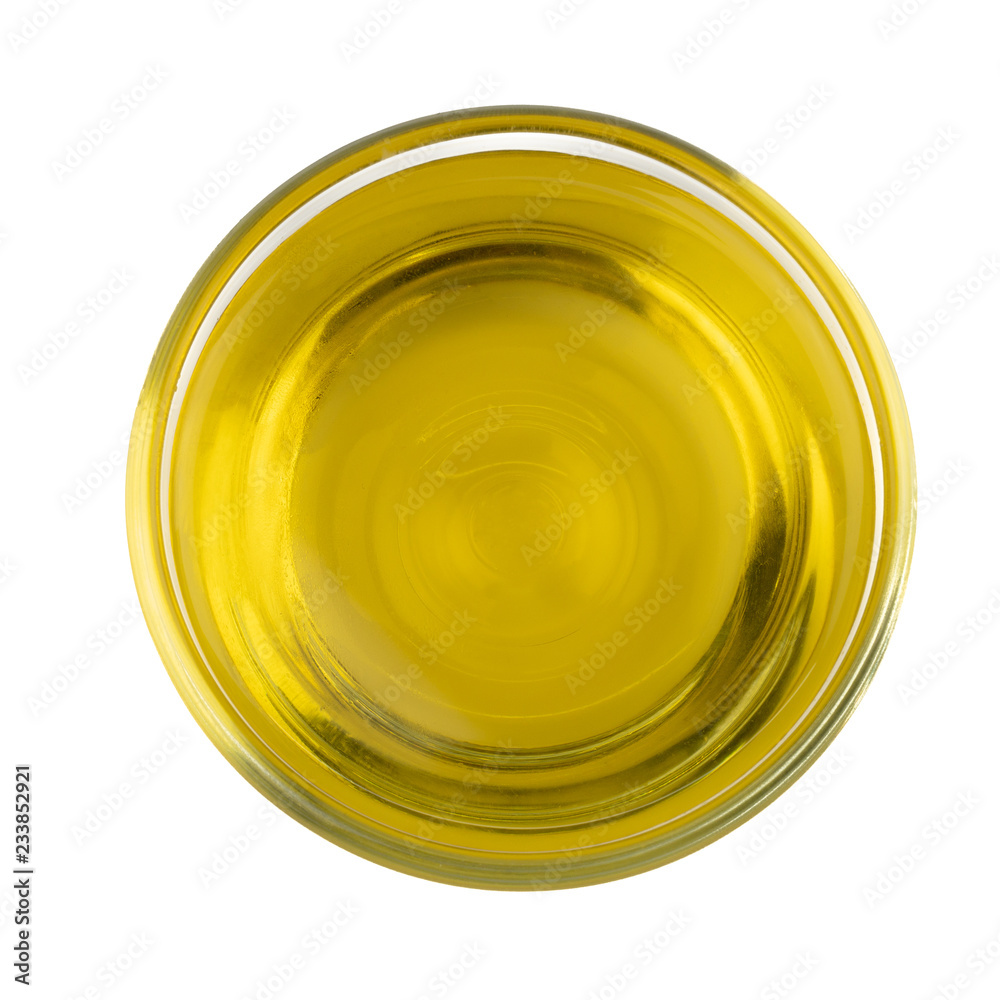 Top view of bowl glass with Vegetable oil isolated on white background Top view of bowl glass with Vegetable oil isolated on white background
