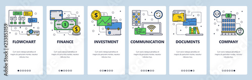 Vector web site linear art onboarding screens template. Office building, business presentation amd money flowchart. Menu banners for website and mobile app development. Modern design flat illustration