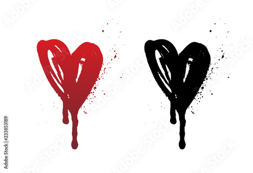 Dripping blood or red heart brush stroke isolated on white background. Hand drawn black grunge heart. Halloween concept, ink splatter illustration.