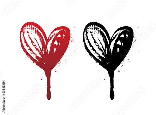 Dripping blood or red heart brush stroke isolated on white background. Hand drawn black grunge heart. Halloween concept, ink splatter illustration.