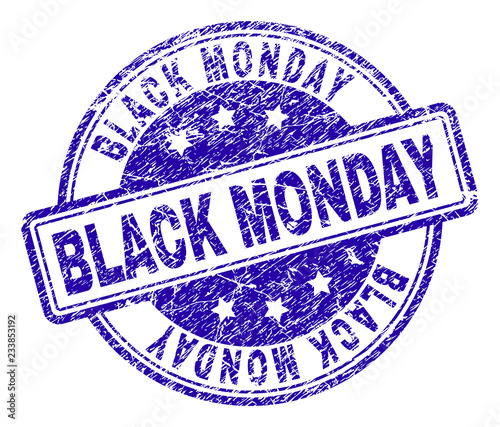 BLACK MONDAY stamp seal watermark with grunge texture. Designed with rounded rectangles and circles. Blue vector rubber print of BLACK MONDAY tag with grunge texture.