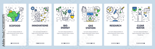 Vector web site linear art onboarding screens template. Organic food, ecology innovations, bio energy and clear water. Menu banners for website and mobile app development. Modern design flat