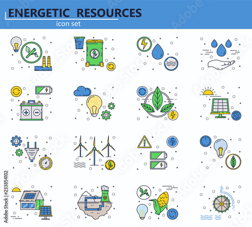 Vector set of renewable energy sources and power plants icons in thin line style. Ecology and green energy. Website UI and mobile web app icon. Outline design illustration.