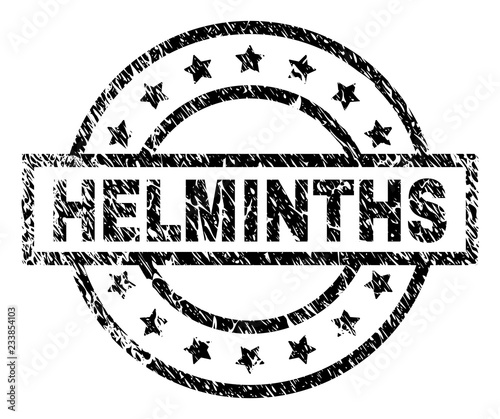 HELMINTHS stamp seal watermark with distress style. Designed with rectangle, circles and stars. Black vector rubber print of HELMINTHS caption with grunge texture.