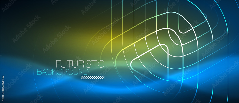Neon glowing techno lines, hi-tech futuristic abstract background template with geometric shapes Neon glowing techno lines, hi-tech futuristic abstract background template with geometric shapes
