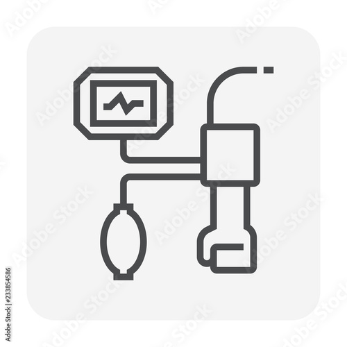 Blood pressure monitor vector icon may called sphygmomanometer consist of arm, digital meter, pulse, air pump. Electronic device or equipment for patient, doctor to control hypertension. 64x64 pixel.