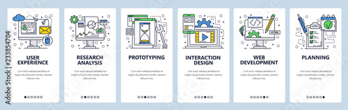 Vector web site linear art onboarding screens template. User experience, prototyping and web development. Menu banners for website and mobile app development. Modern design flat illustration.