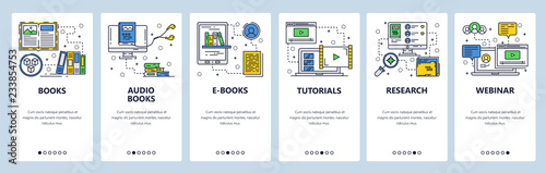 Vector web site linear art onboarding screens template. Electronic books, audio book and online tutorials. Menu banners for website and mobile app development. Modern design flat illustration.