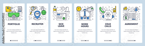 Vector web site linear art onboarding screens template. Working hours, job recruiter, sick leave and cold calls. Menu banners for website and mobile app development. Modern design flat illustration. photo