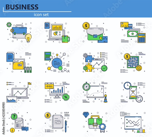 Vector set of business, finance and office icons in thin line style. Website UI and mobile web app icon. Outline design illustration.