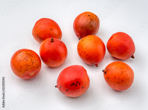 Foxtail palm fruit seeds Wodyetia bifurcata fresh ripened on white background photo