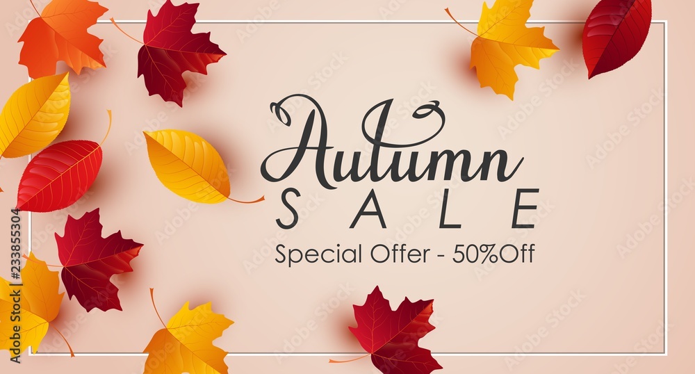 Autumn sale background with colorful leaves - obrazy, fototapety, plakaty 
