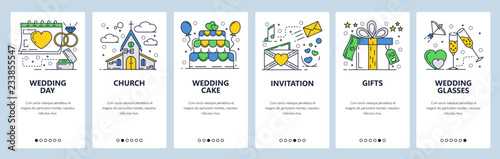 Vector web site linear art onboarding screens template. Wedding day ceremony, invitation cards, wedding cake, church. Menu banners for website and mobile app development. Modern design flat