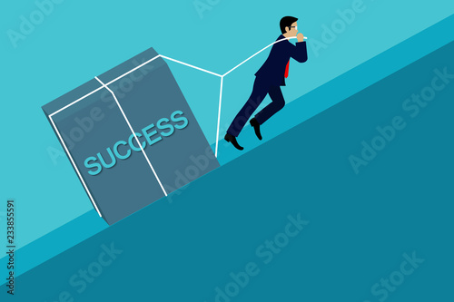 Fototapeta Naklejka Na Ścianę i Meble -  Businessmen pulling the concrete up the slope. go to the goal of financial business success and effort go to target growth. creative idea. leadership. cartoon vector illustration
