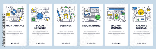 Vector web site linear art onboarding screens template. Designer, website coding, business security. Menu banners for website and mobile app development. Modern design flat illustration.