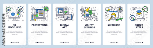 Vector web site linear art onboarding screens template. Digital art and design, 3d modelling, drawing, sketching. Menu banners for website and mobile app development. Modern design flat illustration.