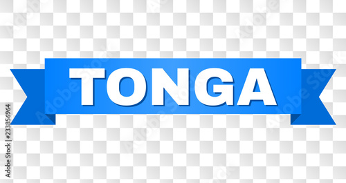 TONGA text on a ribbon. Designed with white caption and blue tape. Vector banner with TONGA tag on a transparent background.