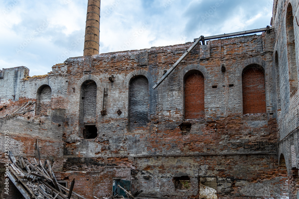 Abandoned and destroyed old brick building