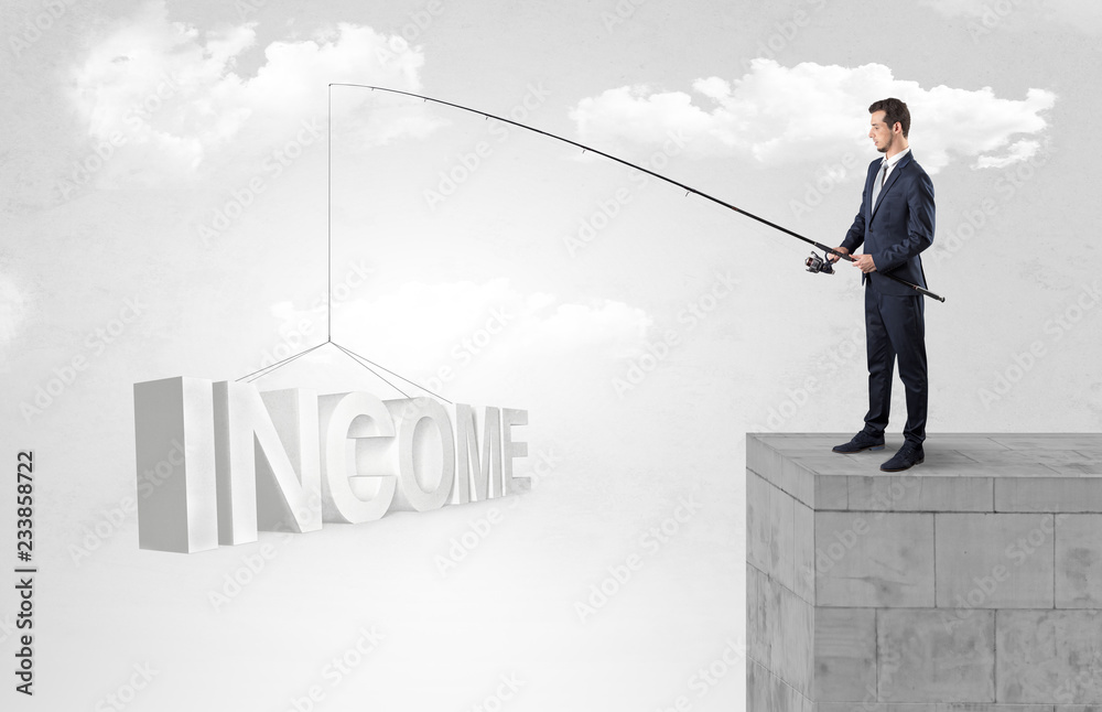 Young businessman fishing money, income from the top of a building
Young businessman fishing money, income from the top of a building
