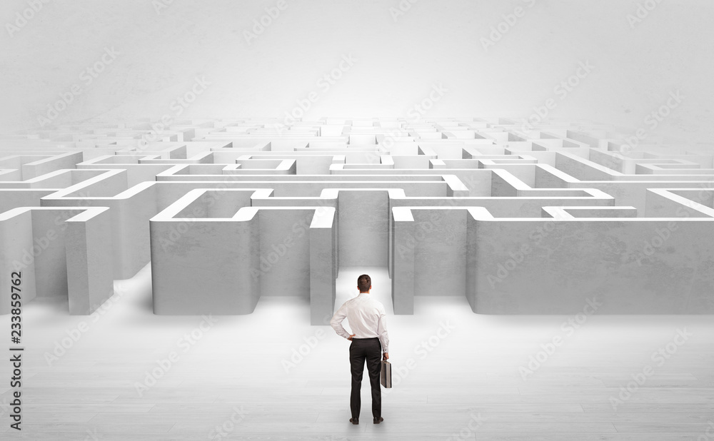 Businessman trying to decide which entrance to choose at the maze
Businessman trying to decide which entrance to choose at the maze