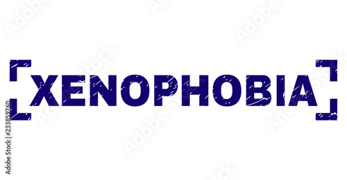XENOPHOBIA caption seal print with distress texture. Text tag is placed inside corners. Blue vector rubber print of XENOPHOBIA with retro texture.