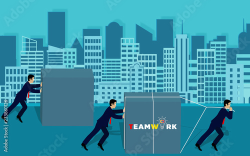Teamwork can overcome obstacle. businessmen help push the barriers go to the goal of financial business success. leadership. creative idea. cartoon vector illustration