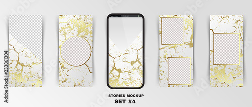 Editable vector frame story template pack with golden foil texture. Trendy kit, social and fashion ads.