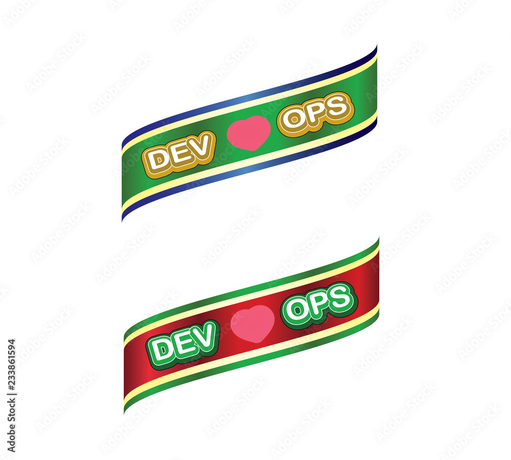 dev love ops label ,green red gold color . ribbon banner and badges design.On white background. dev love ops label ,green red gold color . ribbon banner and badges design.On white background.