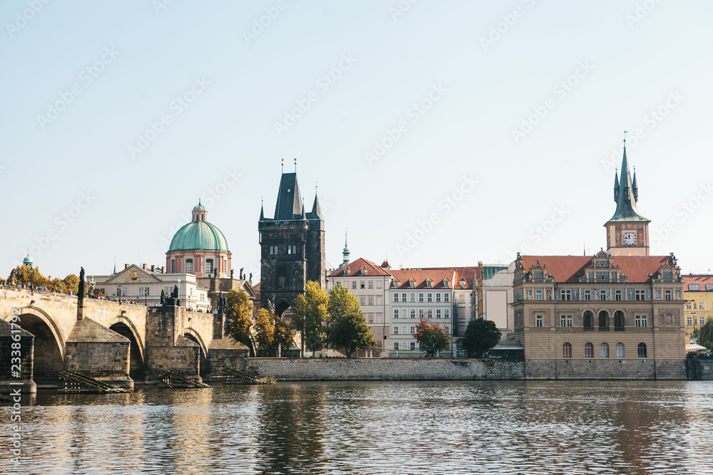 Beautiful view of the cityscape including the Charles Bridge and architecture and the Vltava River in Prague in the Czech Republic.