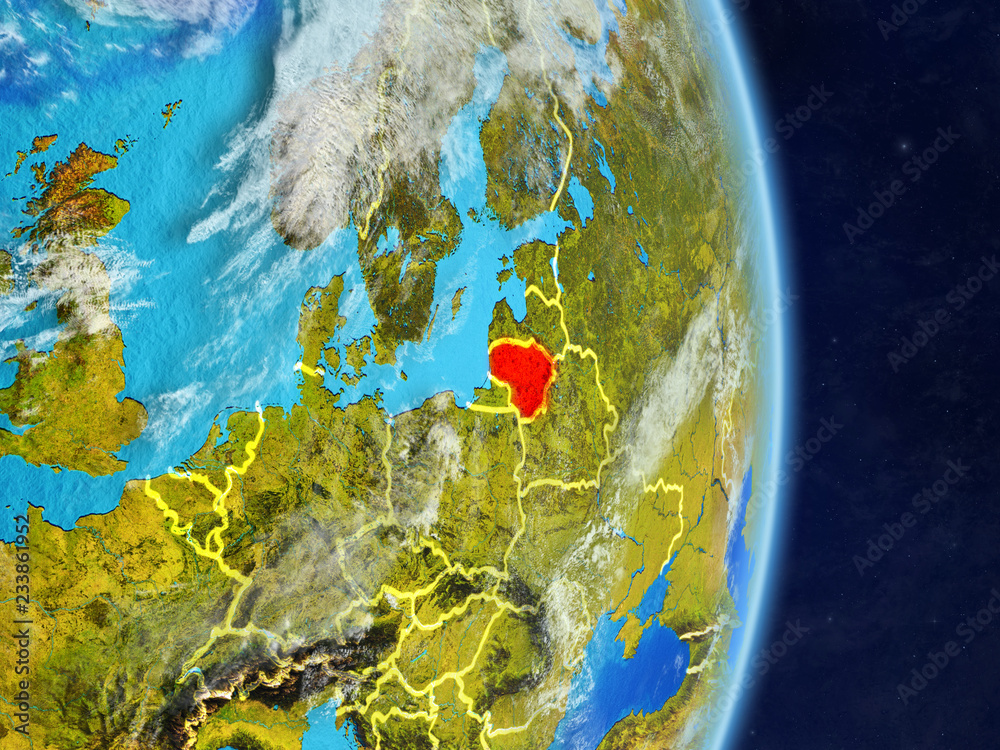 Lithuania on planet planet Earth with country borders. Extremely detailed planet surface and clouds.