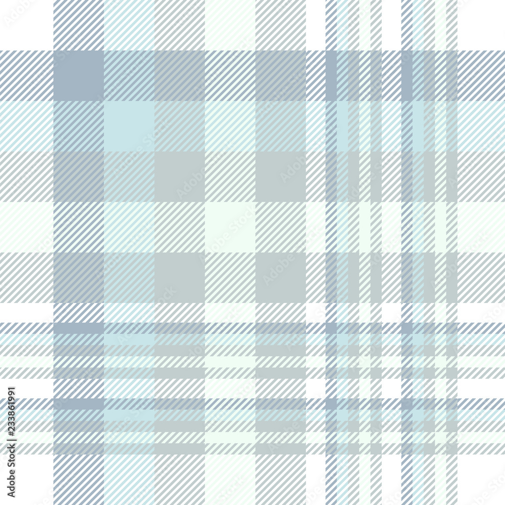 Plaid pattern in muted blues, greens and white. 