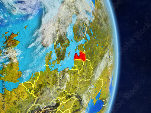 Latvia on planet planet Earth with country borders. Extremely detailed planet surface and clouds.