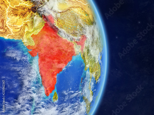 India on planet planet Earth with country borders. Extremely detailed planet surface and clouds.