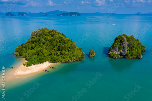 Aerial drone view of a beautiful tropical sandy beach and island near Koh Yao Noi, Thailand