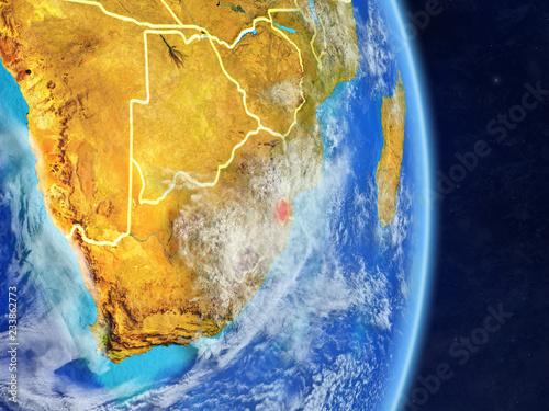 eSwatini on planet planet Earth with country borders. Extremely detailed planet surface and clouds.