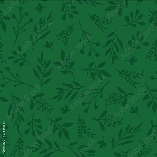 Seamless vector background with abstract leaves green. Simple leaf texture in green, endless foliage pattern. Subtle Christmas background. Paper, pattern fill, web banner, fabric, cards, invitation