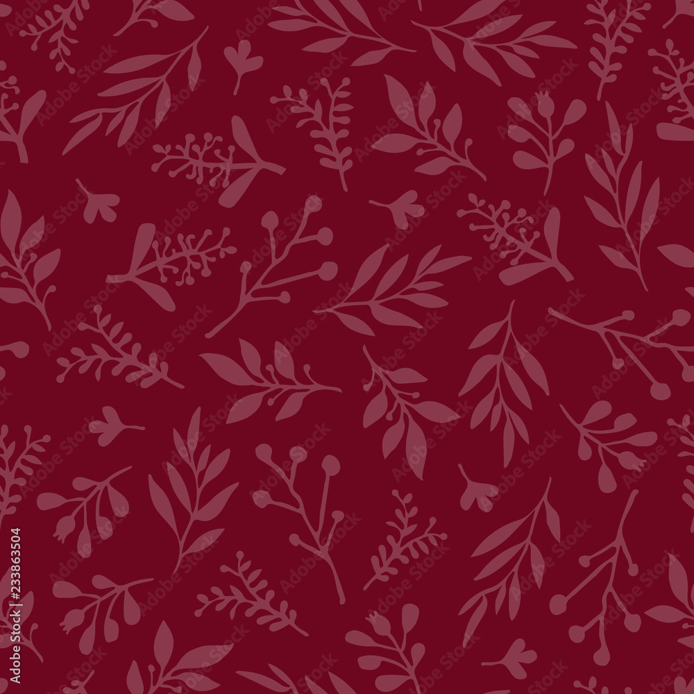 Seamless vector background with abstract leaves red. Simple leaf texture in red, endless foliage pattern. Subtle Christmas background. Paper, pattern fill, web banner, fabric, cards, invitation
