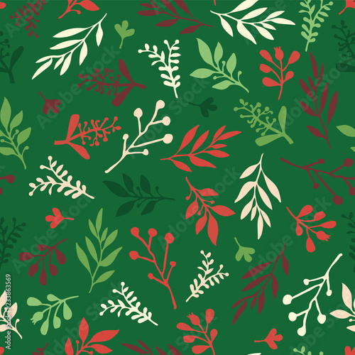 Seamless Holiday vector background with abstract leaves red, green, beige. Simple leaf texture, endless foliage pattern. Christmas background. Paper, pattern fill, web banner, fabric, invitation card