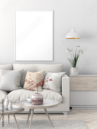 Mock up poster frame in Scandinavian style hipster interior. 3D illustration