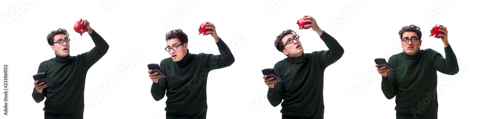 Nerd young man with piggybank isolated on white Nerd young man with piggybank isolated on white