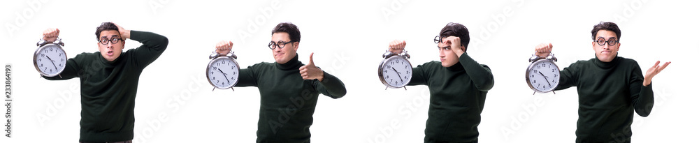 Nerd young money with giant clock isolated on white Nerd young money with giant clock isolated on white