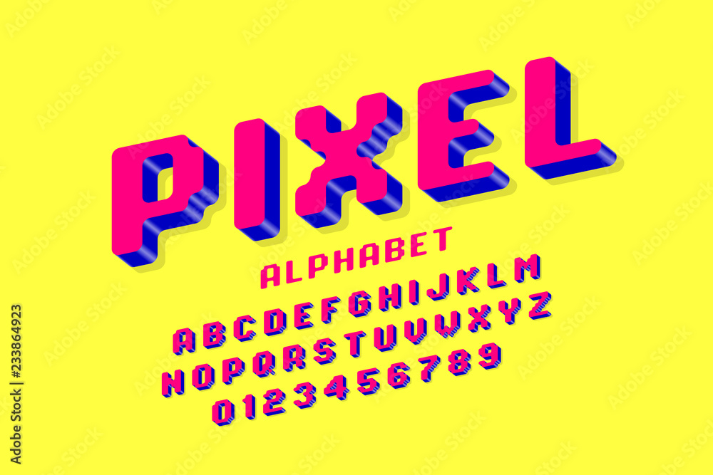 Pixel font, 3d retro video game style alphabet letters and numbers