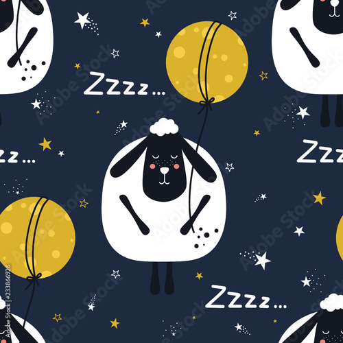 Fototapeta Naklejka Na Ścianę i Meble -  Sheeps, hand drawn backdrop. Colorful seamless pattern with animals, moon, stars. Decorative cute wallpaper, good for printing. Overlapping background vector. Design illustration