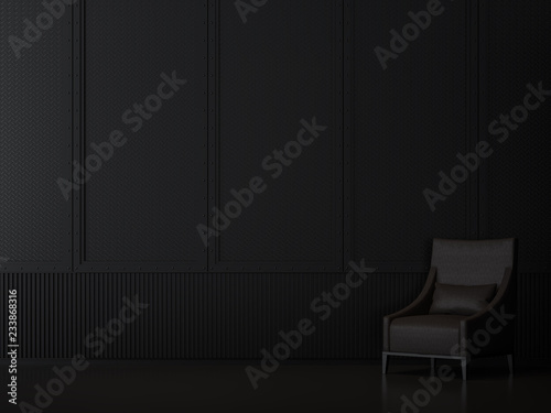 Fototapeta Naklejka Na Ścianę i Meble -  Black metal room interior with industrial style 3d render,There are black floors, Decorate wall with pattern of steel,Furnished with black leather lounge chair.