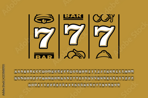 Slot machine style font, triple sevens jackpot alphabet letters and numbers